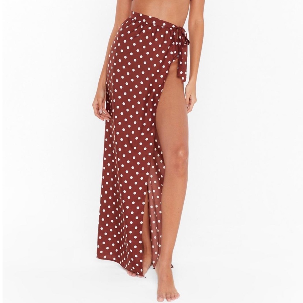 Nasty Gal Brown and White Satin We're Dot Tide Down Cover-Up Maxi Skirt